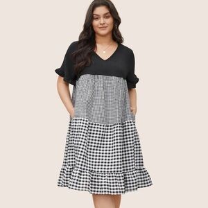 BloomChic Plus Size Gingham Patchwork V Neck Pocket Ruffles Dress